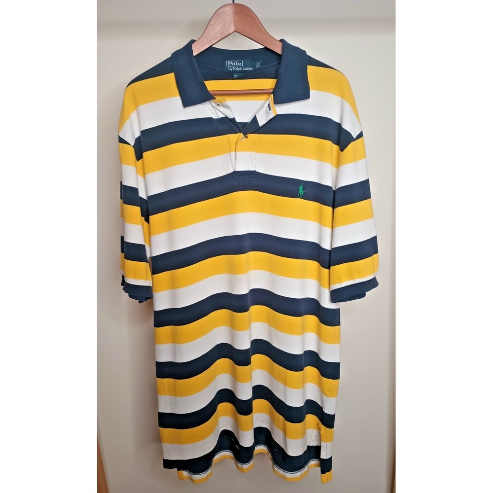 Vintage Polo Ralph Lauren Mens LT Striped Polo Shirt Y2K Blokecore Navy Yellow